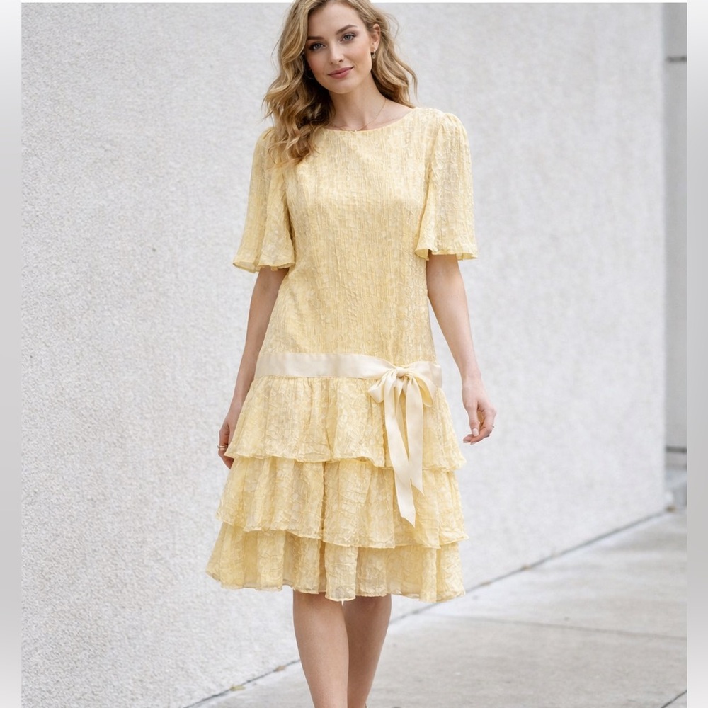 Vintage 80s Yellow Silk Drop Waist Midi Dress Tiered Ruffle Cottagecore Occasion